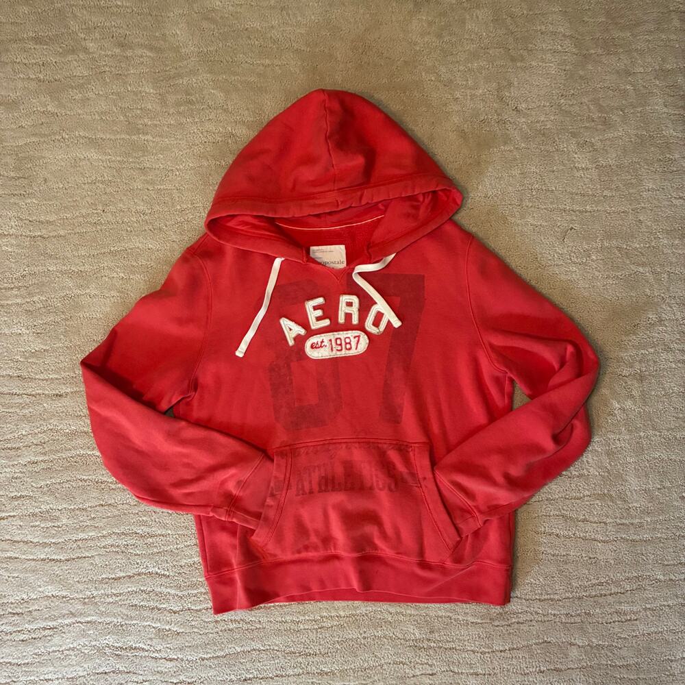 Y2K Aeropostal Women's 2XL Coral VNeck Embroidered Aplique Pull Over Hoodie Surf